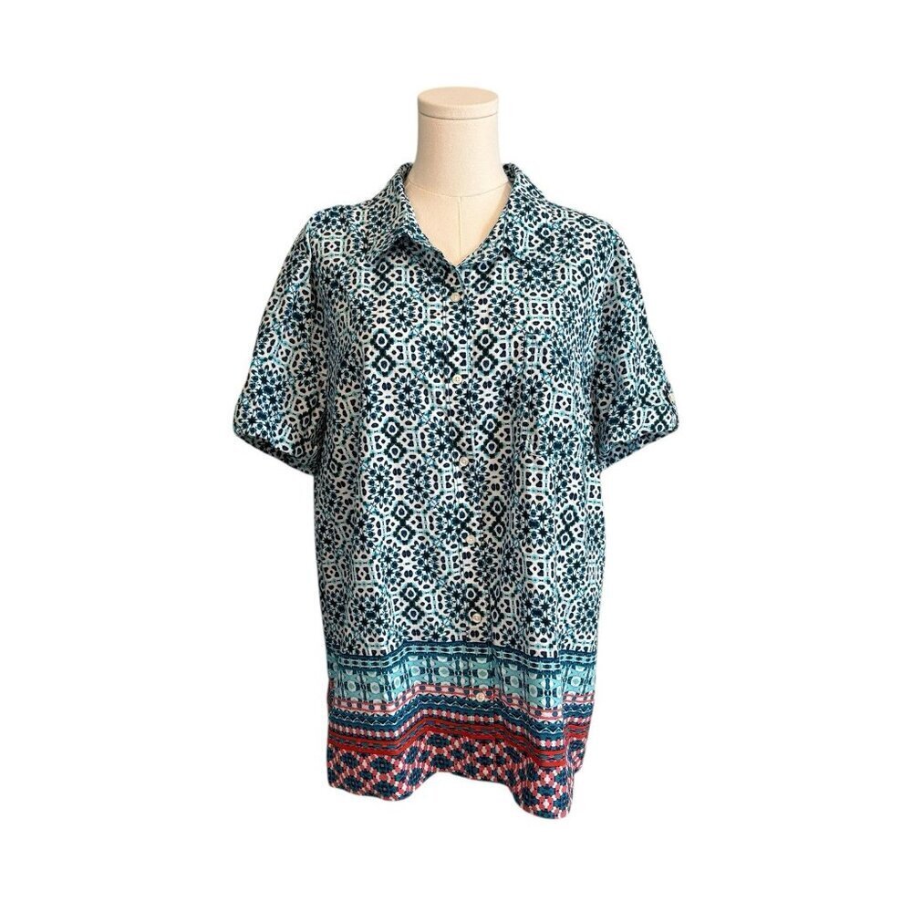 NEW Women's XXL East5th Blue Cotton Woven Short Sleeve Casual Button-Up Blouse